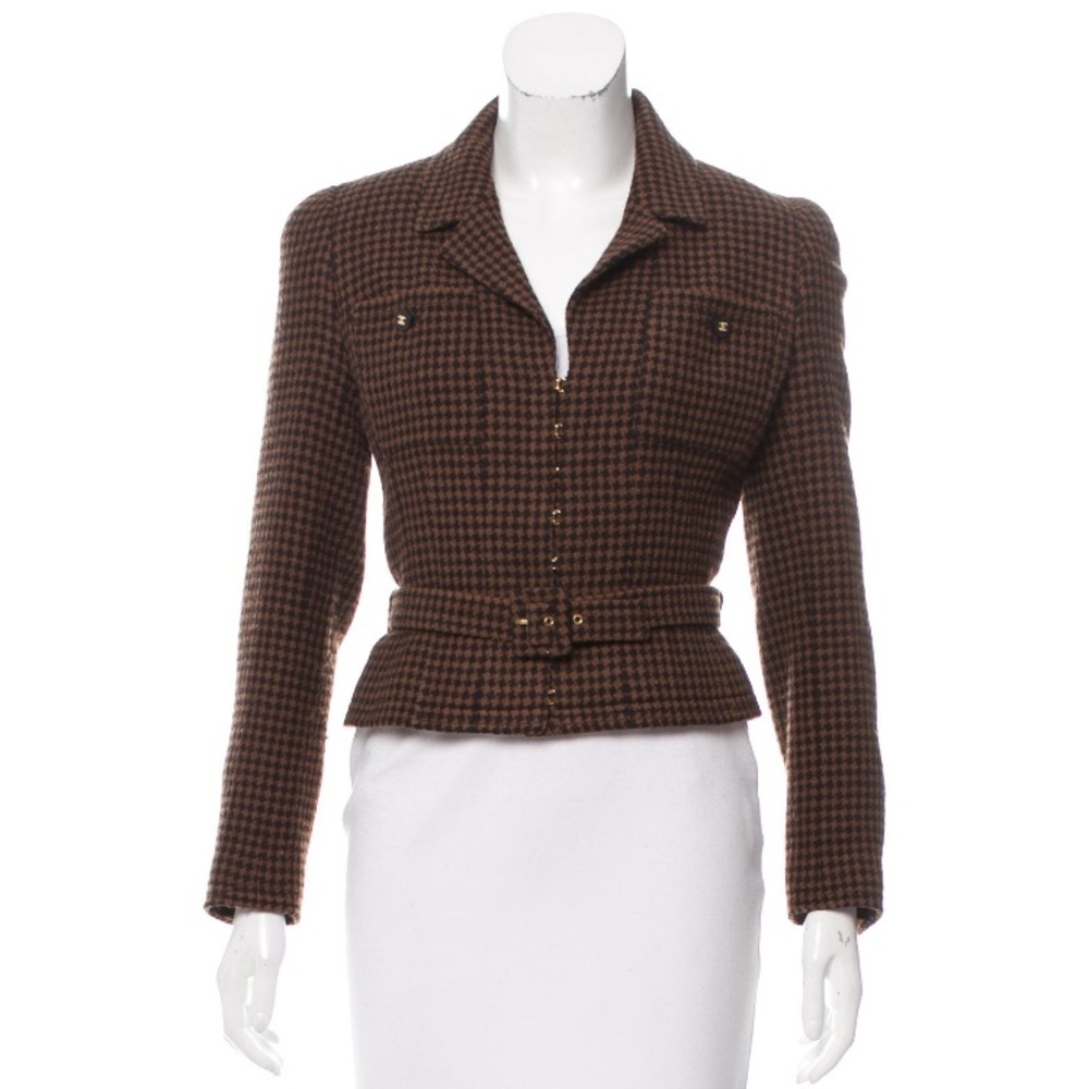Chanel Wool Patterned Jacket w/ Belt & CC Buttons and Skirt in Large Set - Picture 3 of 8